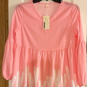 Pink Long Sleeve Girls Dress with Bunny Pattern at Bottom